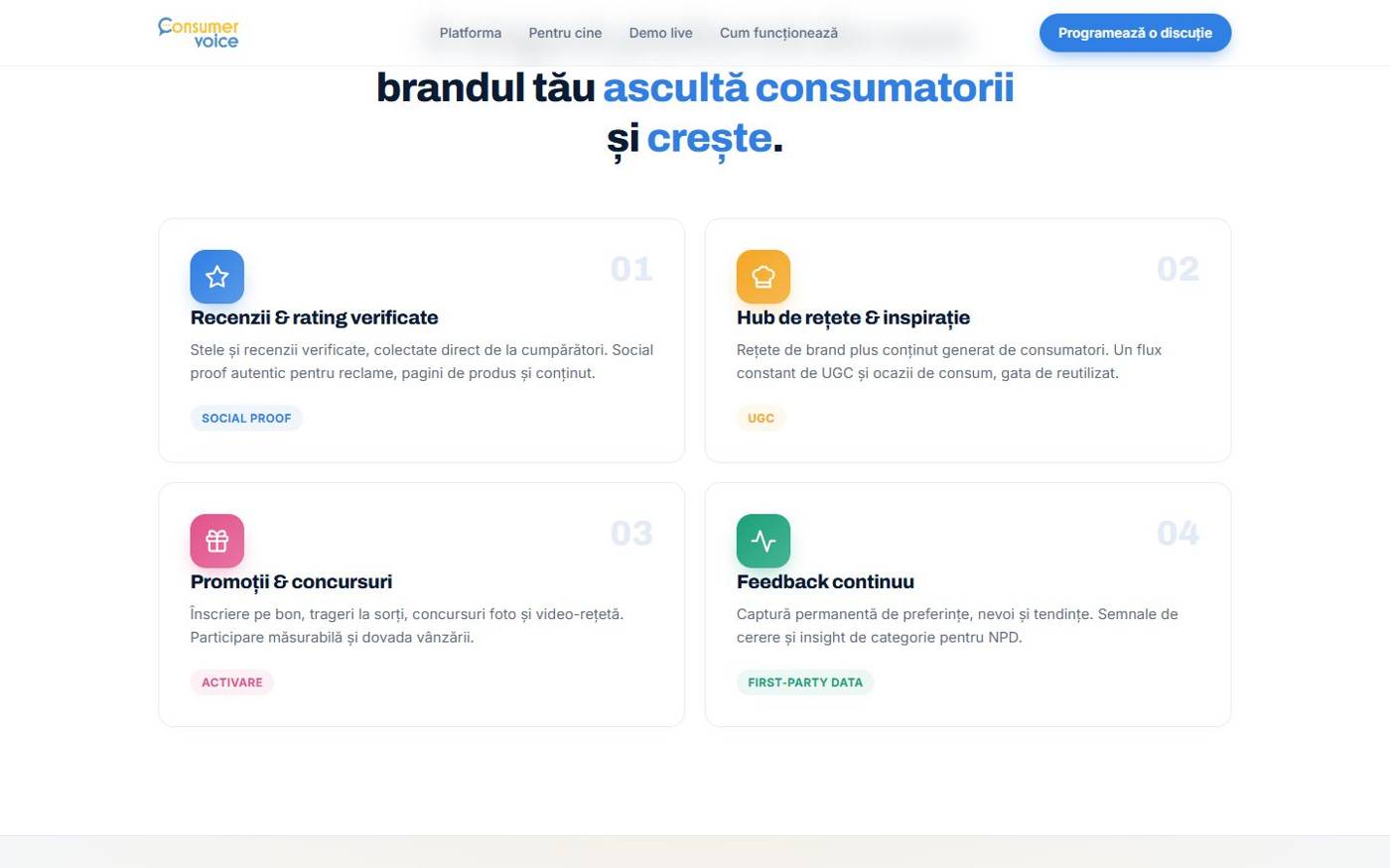 Pagina de prezentare Consumer Voice, cu cele patru module: recenzii și rating verificate, hub de rețete, promoții și concursuri, feedback continuu.