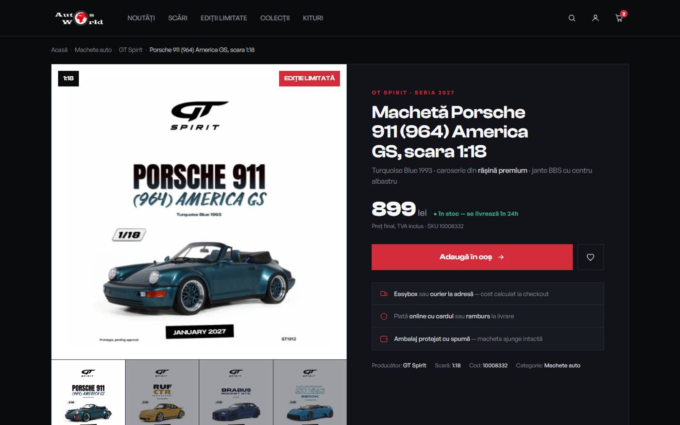 Pagină de produs AutosWorld: breadcrumb, titlu cu modelul și scara, atribute separate pentru producător, scară, cod și categorie.