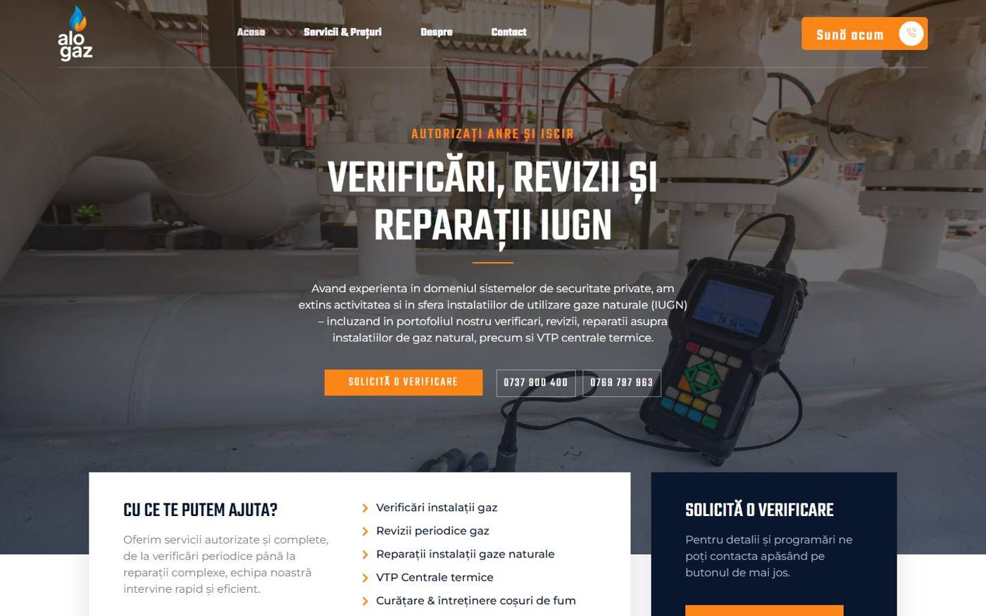 Pagina principală AloGaz: titlul „Verificări, revizii și reparații IUGN”, autorizările ANRE și ISCIR, butonul Solicită o verificare și cele două numere de telefon.