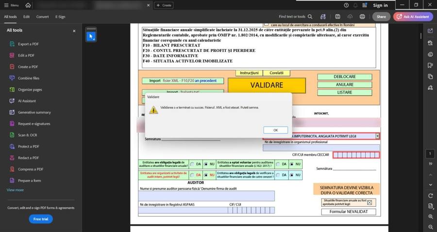 Formularul de bilanț: validarea s-a terminat cu succes, fișierul XML e atașat pentru semnătură; identificatorii sunt estompați