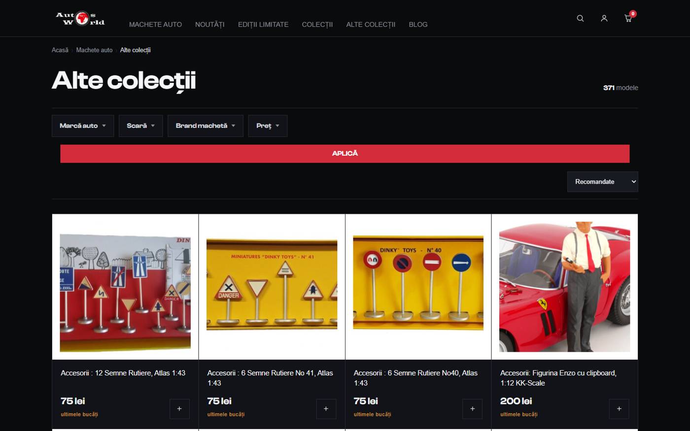 Pagina de catalog a magazinului AutosWorld pe WooCommerce, cu filtre pe marcă auto, scară, brand machetă și preț