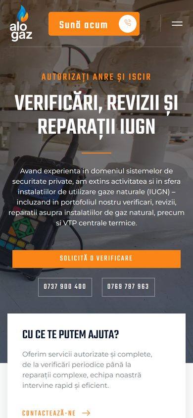 AloGaz pe telefon: „Sună acum”, autorizările, cererea de verificare și cele două numere, în primul ecran.