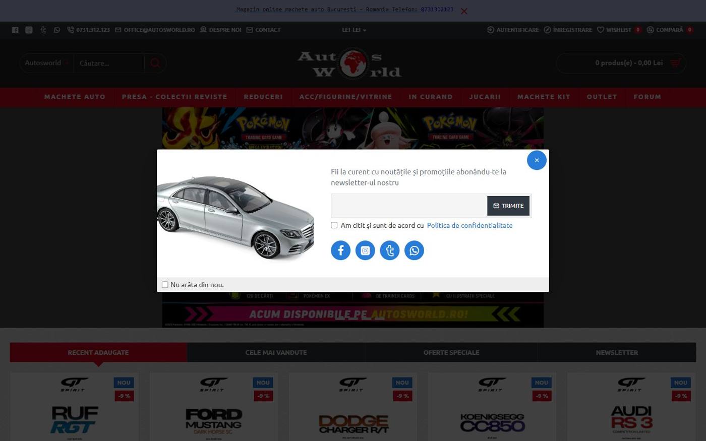 Înainte: prima pagină a magazinului vechi pe OpenCart, cu fereastra de newsletter deschisă peste conținut.