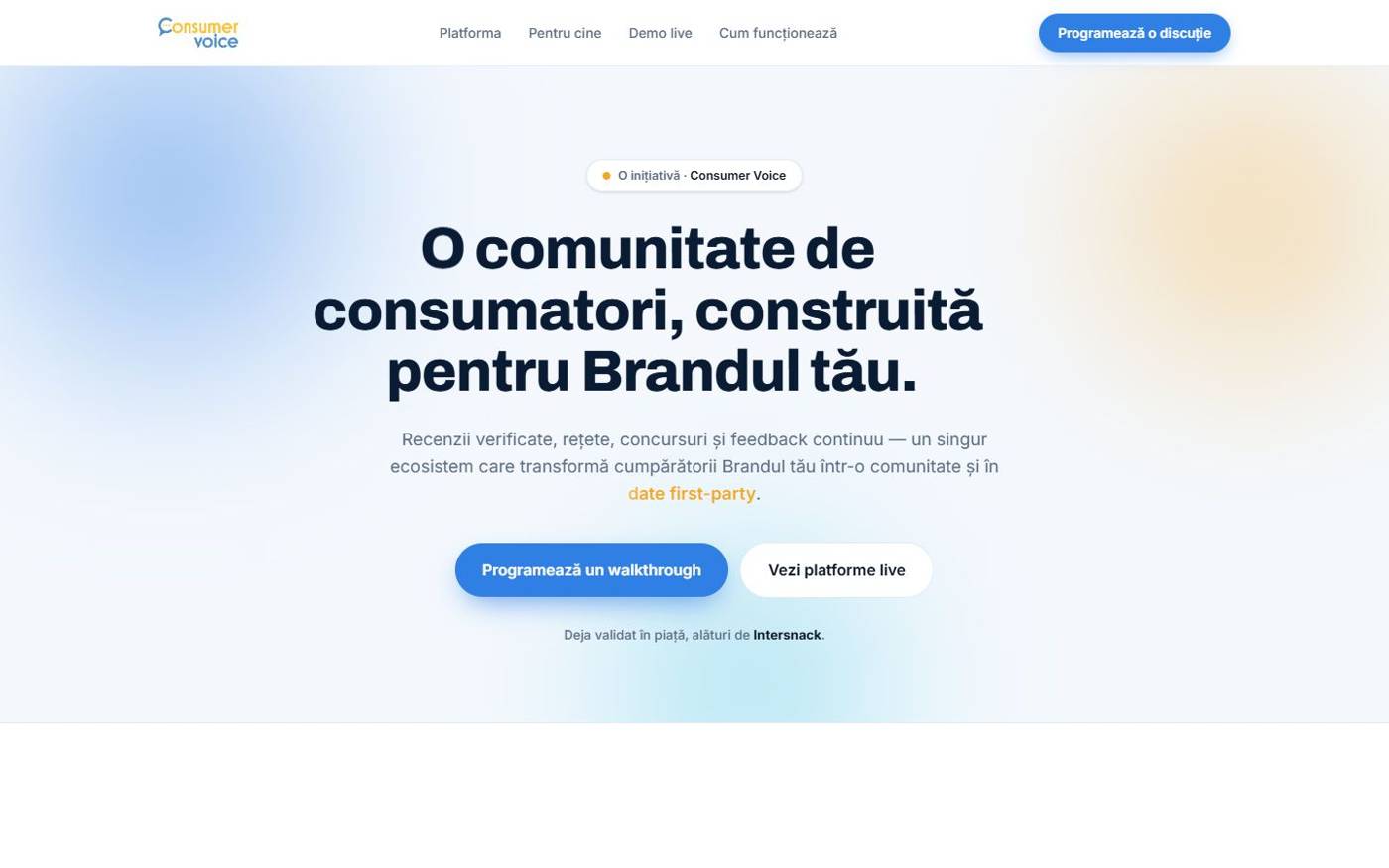 Pagina de prezentare Consumer Voice, în varianta generală, folosită în campania de outreach către branduri FMCG.