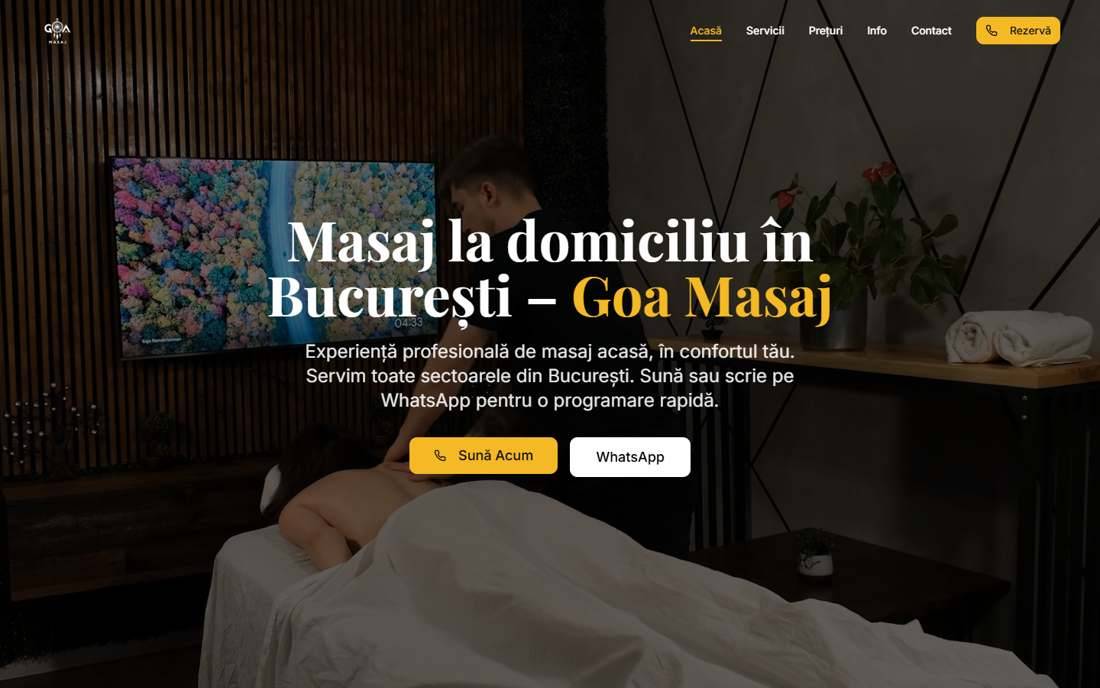 Pagina principală goamasaj.ro, făcută de The Niche Society: „Masaj la domiciliu în București”, cu butoanele Sună acum și WhatsApp