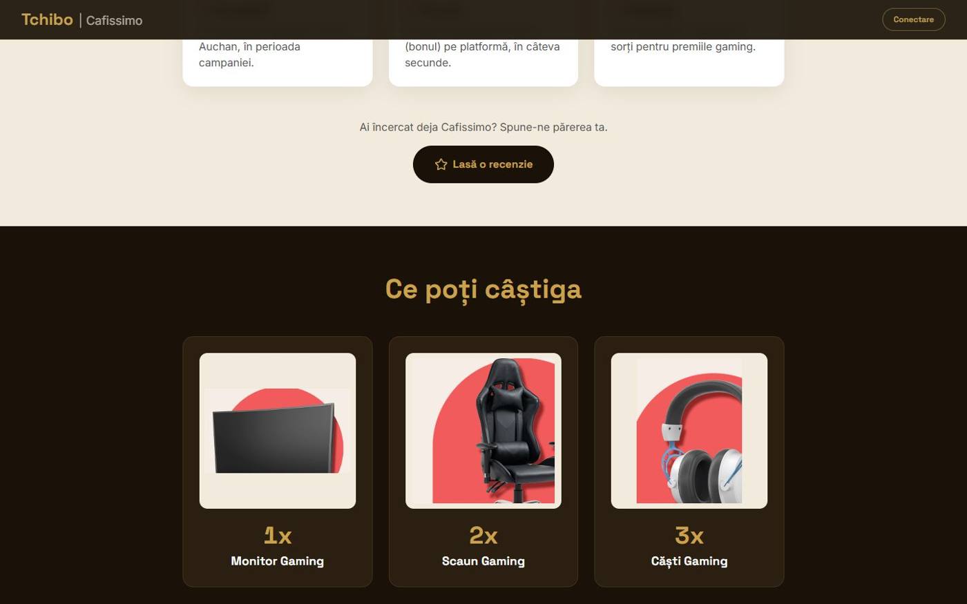 Aceeași platformă, mai jos pe pagină: finalul pașilor de participare, invitația „Lasă o recenzie” pentru Cafissimo și premiile campaniei: 1 monitor, 2 scaune și 3 căști gaming.