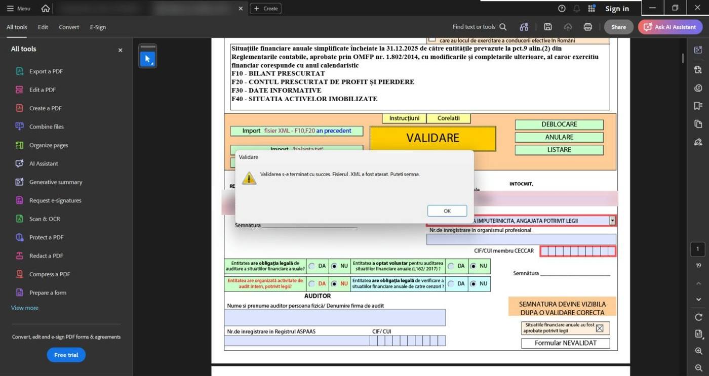 Formularul de bilanț: validarea s-a terminat cu succes, iar fișierul XML e atașat pentru semnătură.
