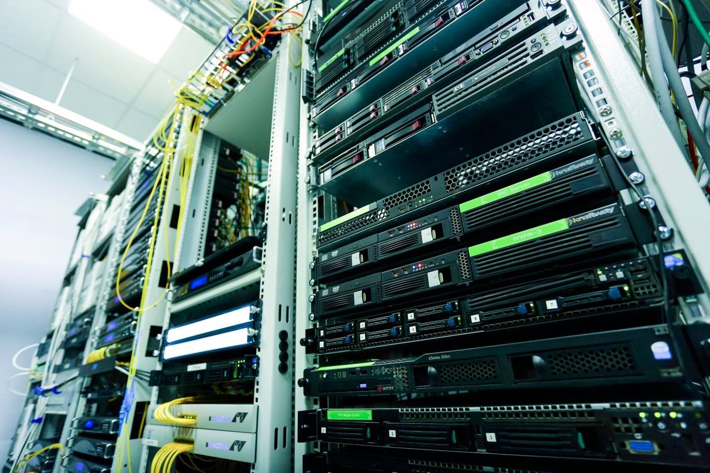 Server racks in a company data room running ERP systems.
