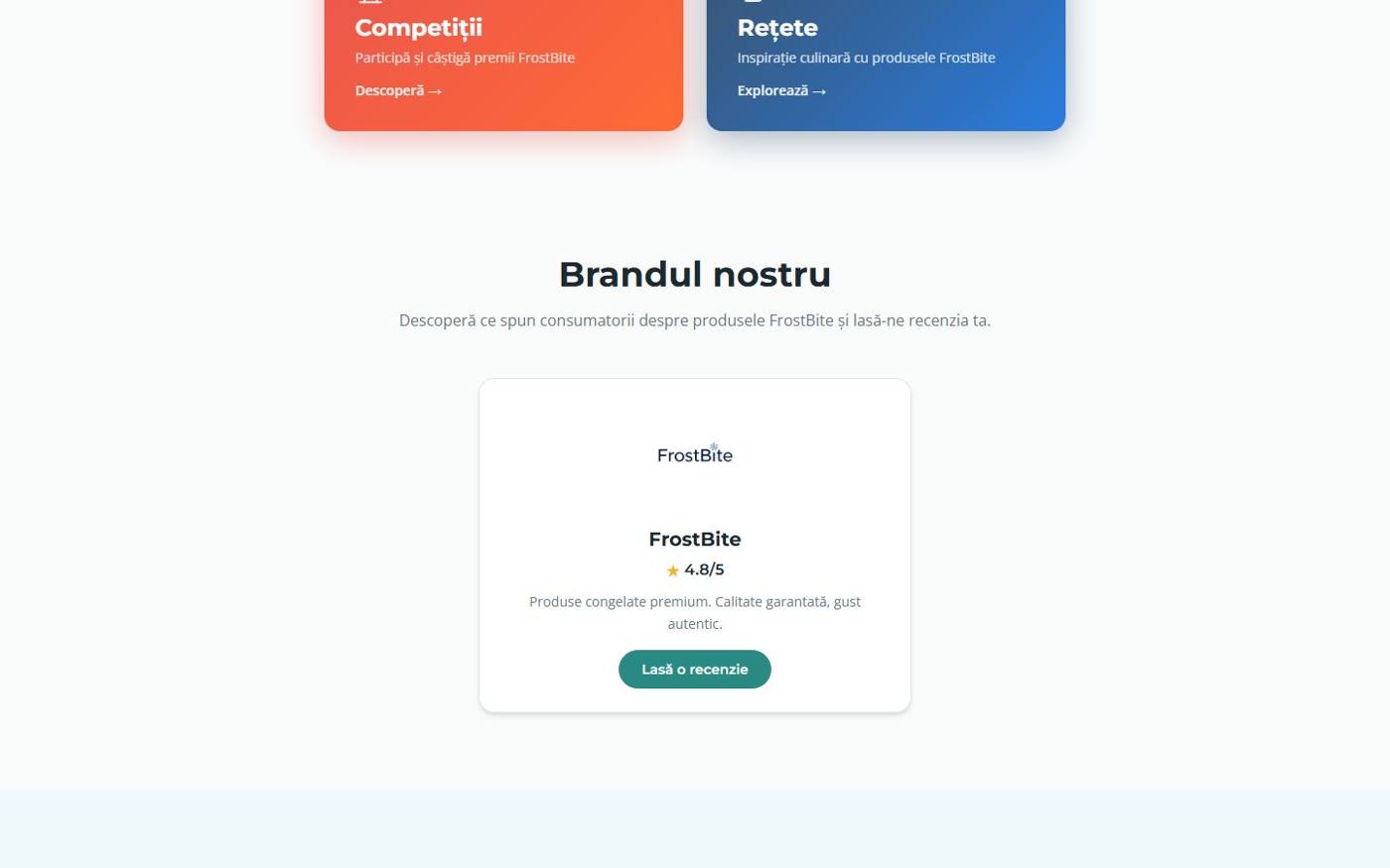 Demo FrostBite, brand fictiv cu date de test: cardurile Competiții și Rețete și cardul de brand cu butonul «Lasă o recenzie».